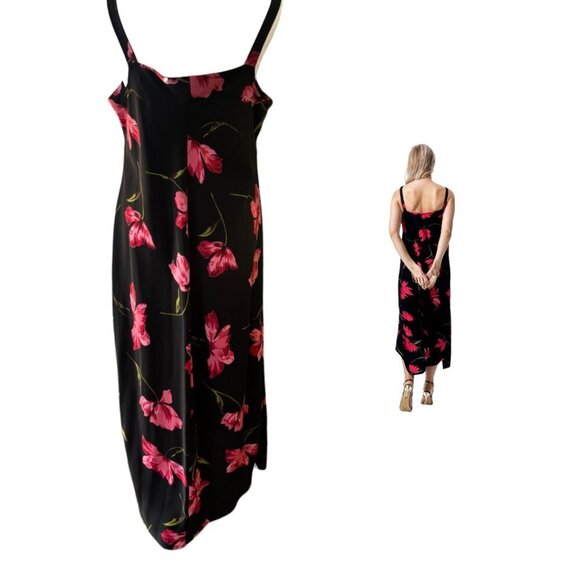90'S Y2K SLIP DRESS VINTAGE EXPRESSIONS FLORAL MAXI BLACK/RED DRESS SIZE X LARGE - Picture 3 of 4